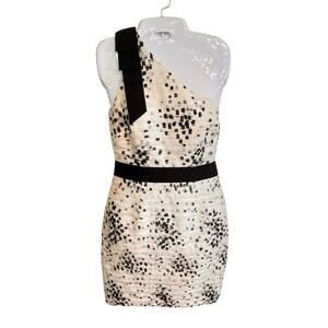 Badgley Mischka One Shoulder Polka Dot Cocktail Mini Dress Silk Blend Women's 4